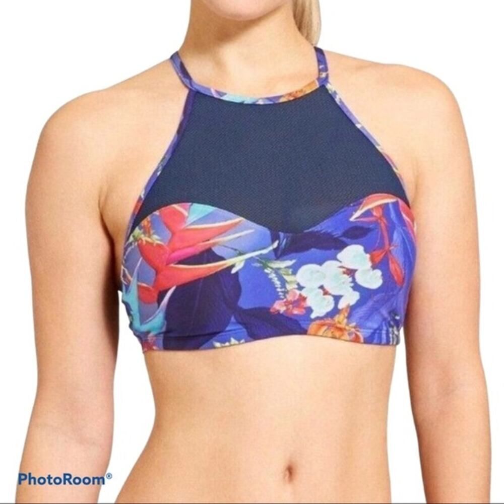 Athleta Lucia High Neck Blue Mesh Bikini Top Swimsuit Small